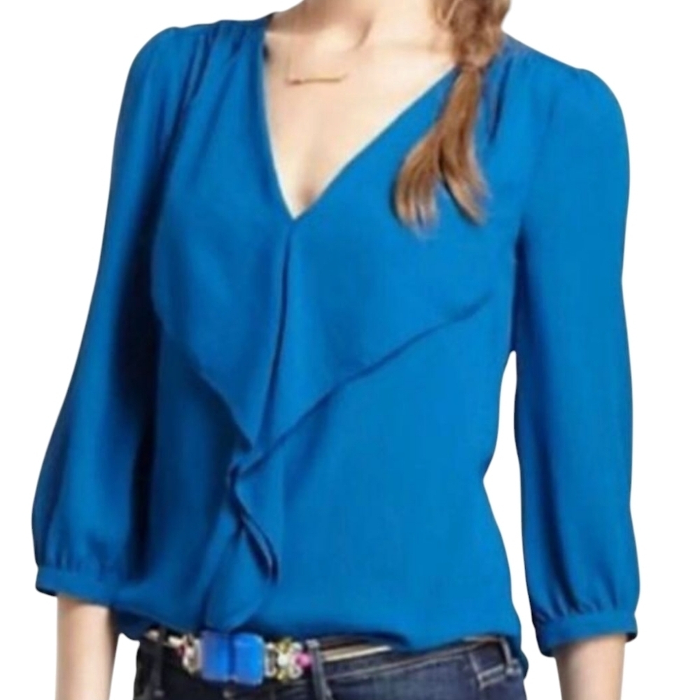 Maeve Anthropologie Parted Ruffle Blue V- Neck Blouse - Size 2
